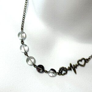 2/$20, Natural Ghost Crystal Paw Print Heart Beat Mismatched Bronze Necklace